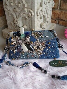 Mary Frances Premium Denim Beaded Blue Jean Floral Bag